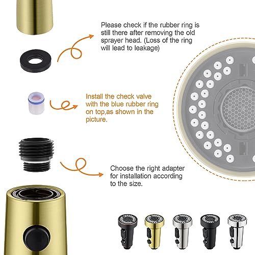 TIORIY Kitchen Faucet Head with 15 Adapters, High Pressure 3 Functions Pull Down Kitchen Spray Head Replacement, Pull Out Kitchen Sink Sprayer Nozzle, Brushed Gold, ABS - color: Brushed Gold, style: Blade Spray