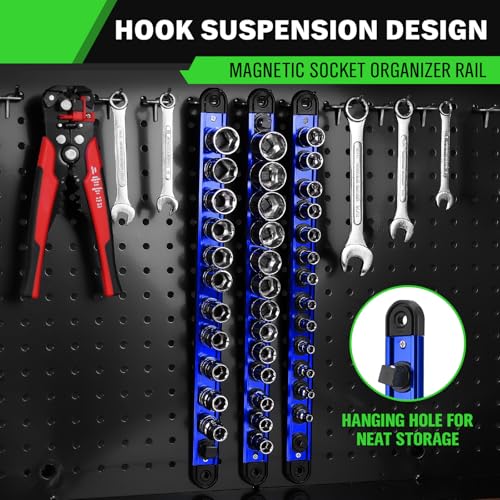 1/2-Inch Magnetic Socket Organizer Rail, Aluminum Alloy Socket Rail, Heavy Duty Sockets Holder with 12 Clips, 360° Swivel Clip Tool Tray, Sockets Organizer for Tool Box Drawer (Blue) - style: Blue 1/2-inch