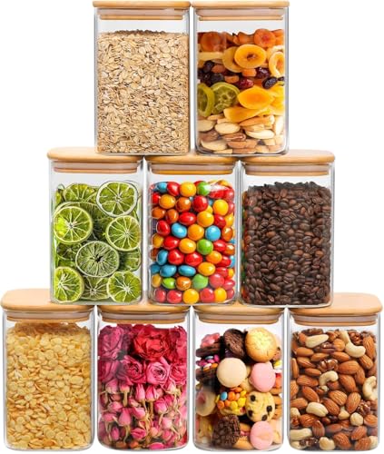 ComSaf Square Glass Containers with Lids 1.2 Qt, Set of 9 Pantry Glass Jars | Food Storage Jar, Kitchen Canisters, Storage Container, Bamboo Lid with Silicone Seal, Cookie, Flour, Spice, Coffee, BPA Free - size: 1.2Qt*9