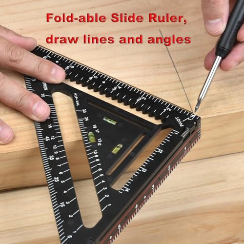 7 Inch Foldable Carpenter Square, Multi-Purpose Speed Square with T-Ruler, Rafter Square,Protractor, Angle Measuring & Marking Gauge for Woodworking, Carpentry & Layout (Dark-with jig) - color: Dark-with jig