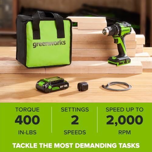 GREENWORKS 24V 1/2" Brushless Cordless Drill (400 In-lbs.), 2.0Ah (12,000mAh Power Bank) USB-C Batteries, 3.3 FT Braided Cable, 30W Charger - size: 400 in-lbs Drill Driver