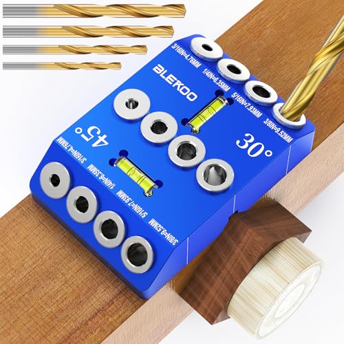 BLEKOO Angled Drill Guide Jig with Level, Drill Guide with 4 Bits for Wood Posts & Cable Railing Lag Screw Kit, Durable All Metal Drill Jig for Drilling 30°, 45°, 90° Degree Angle Holes (Blue-Level) - color: Blue-level