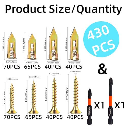 430 PCS Self Drilling Drywall Anchors with Screws Kit,2 Sizes Sheetrock Anchors & 4 Sizes Zinc Expansion Screws with 2 Drill Bits - Zinc-Plated Steel Material - No Drill Required Holds Up to 75LB - size: 430Pcs 4Size kit