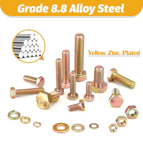 Kadrick 820Pcs Grade 8.8 Metric Bolt Assortment, M6 M8 M10 Hex Heavy Duty Bolts and Nuts Kit,M6 x1.0 M8 x1.25 M10-1.5 (12mm to 45mm),Yellow Zinc Plated - size: 820Pcs M6-M10 HEX Yellow
