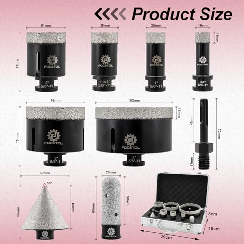 Diamond Core Drill Bit Set - FOCSTOL 9pcs (19/25/35/51/76/102mm+20mm Finger Bit+50mm Beveling Chamfer Bit+SDS Adapter) Diamond Hole Saw Kit for Porcelain Ceramic Tile Marble Granite - size: KIT3