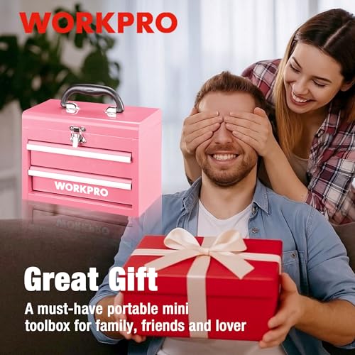 WORKPRO Portable Mini Metal Tool Box with 2 Drawers - color: Pink