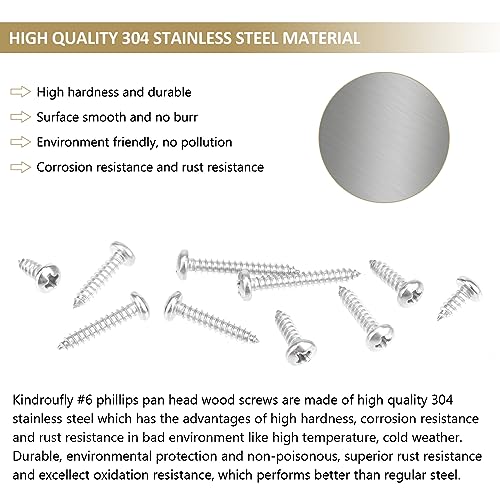 182 Pieces #6 x 3/8" 1/2" 5/8" 3/4" 1" Phillips Pan Head Self-Tapping Screws, Wood Screws Assortment Kit, 304 Stainless Steel - size: #6
