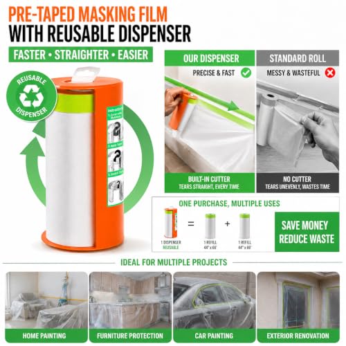 Pre-Taped Masking Film with Dispenser - 44" x 66' Painters Plastic - color: 1 Dispenser 2 Refill 44" x 66'