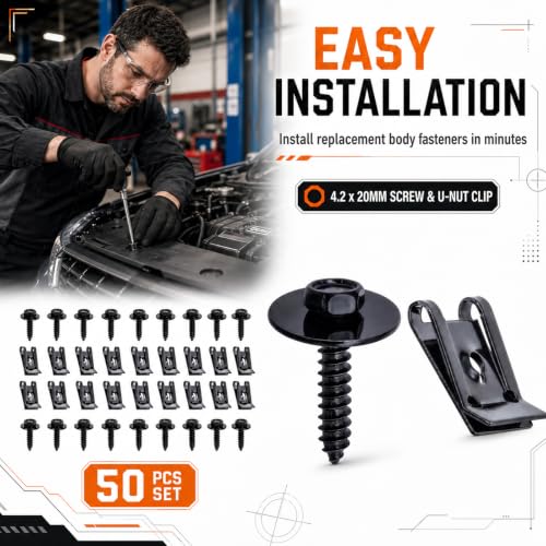 100 Pieces M4.2 Universal Fender Liner Screws and U-Nut Kit, 50 Sets Automotive Body Fasteners, Fender Screws with U Clips for Splash Shield, Wheel Well Liner, Under Cover and Body Panel Repair - color: Black M4.2 x 1.4