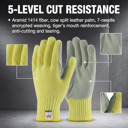 2 Pairs Work Gloves Men Medium, 7-Gauge Aramid Knit with Cowhide Leather Palm, Heavy Duty Cut Resistant Safety Gloves for Glass Handling, Metal Fabrication, Construction & Woodworking - size: 2pcs-Medium, style: Aramid Leather