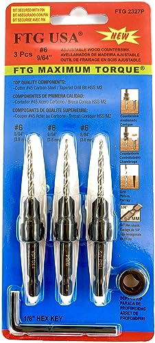 FTG USA #6 (9/64") Wood Countersink Drill Bit 3-Pc Set with 3/8" Depth Stop - size: #6, style: 3 Pc with Depth Stop