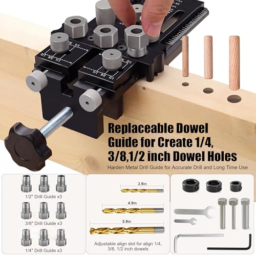 Dowel Jig Kit with Quick Positive Stop and Clamp, Adjustable Doweling Jig - color: Black