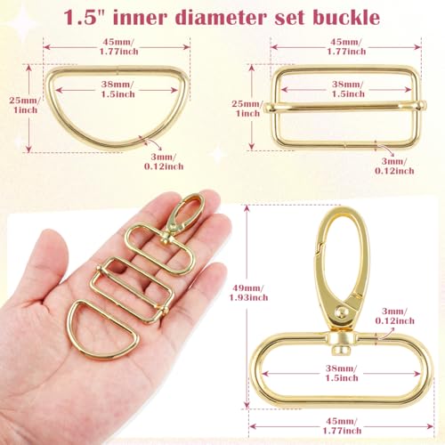 PECMER Purse Hardware for Bag Making 1 1/2 Inch D Ring 18 Pcs Gold Swivel Clasp Snap Hooks Tri Glide Slide Buckles for Strap Adjuster Dog Collar Making Supplies - color: Pale Gold-18 Pcs-1.5 Inch