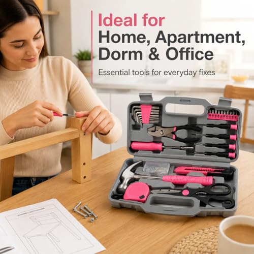 62-Piece Household Tool Kit with Pink Storage Case, Home Repair Tool Set with Hammer, Pliers, Screwdrivers, Hex Keys, Tape Measure, Utility Knife and Scissors for DIY, Apartment, Dorm and Office