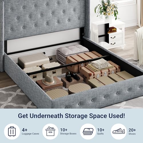 Allewie Full Size Lift Up Storage Button-Tufted Bed Frame Blue Grey - color: Blue Grey, size: Full, style: Traditional