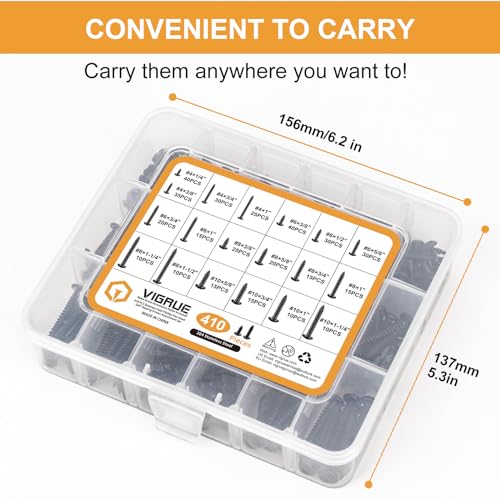 VIGRUE 410Pcs Stainless Steel Black Wood Screws Set #4#6#8#10 Phillips Pan Head Sheet Metal Screws Self Tapping Wood Screws Assortment Kit, Length 1/4" to 1-1/2" - style: 410PCS #4#6#8#10 Stainless Steel Black Pan Head
