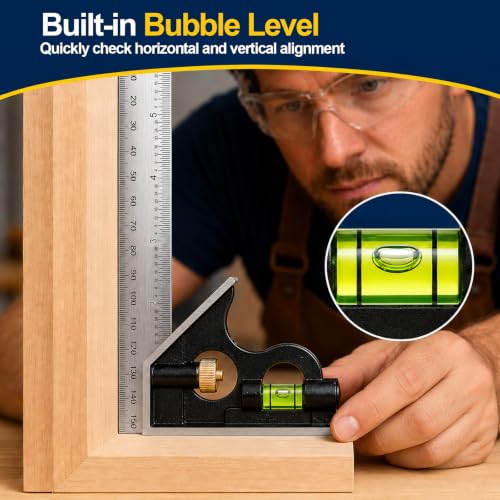 Combination Square 6 Inch, Adjustable Combo Square with Bubble Level - size: 6-Inch
