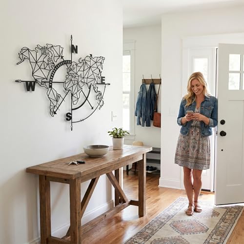 DEKADRON Metal World Map Compass Wall Art Metallic Sign Decoration (39" × 28" / 98x75cm) - size: 39"L x 28"W