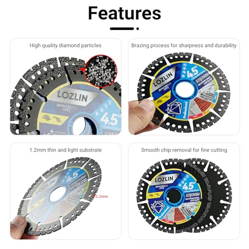 LOZLIN Diamond Blades 5-Pack 4.5" Diamond Multi-Purpose Saw Blades - Heavy Duty Angle Grinder Discs for Cutting Marble/Quartz/Stone/Tile/Metal/Plastic (Black Teeth)