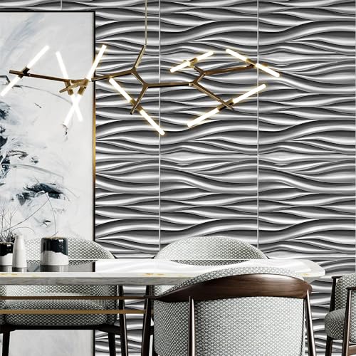 STICKGOO Wave 3D Wall Panels, Brushed Silver, 19.7''x19.7'', Pack of 12 - color: Deep Brushed Silver