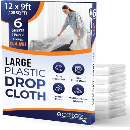 6 Pack 12 x 9 ft Extra Large Plastic Drop Cloth for Painting - size: 6 Pack-Standard