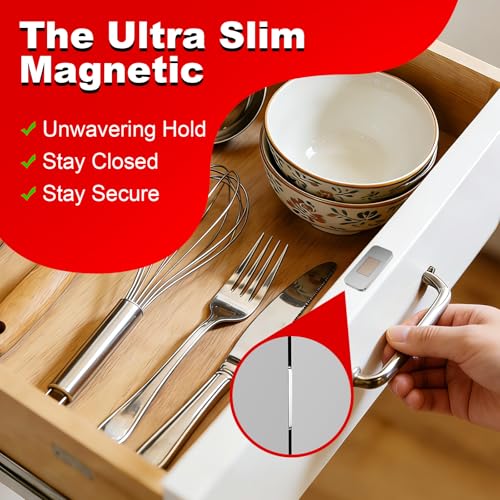 PHIXBEAR No Drill Magnetic Cabinet Door Catch with Adhesive – Stainless Steel, Strong Hold Child Safety Lock for Kitchen Cabinets, Bathroom, RV – Drawer Magnets 1.57” x 0.79” 4 Pack - color: Silvery