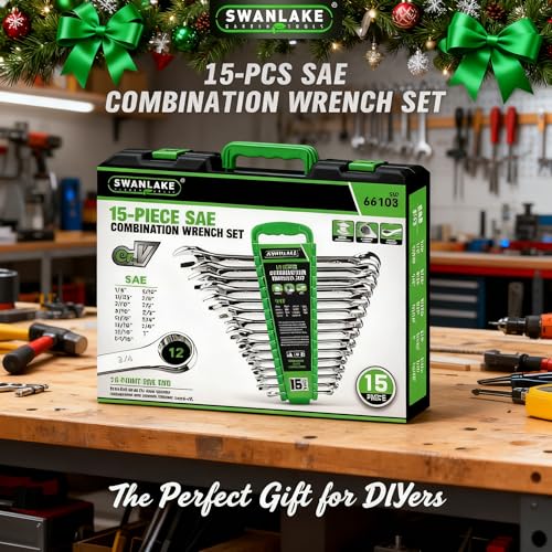 SWANLAKE 15-Piece SAE Wrench Set, V Notch Premium Combination Wrenchs Set, SAE 1/4" to 1-1/16", Max Torque, 12-Point, Chrome Vanadium Steel, with Storage Rack - style: 15pcs SAE Combination