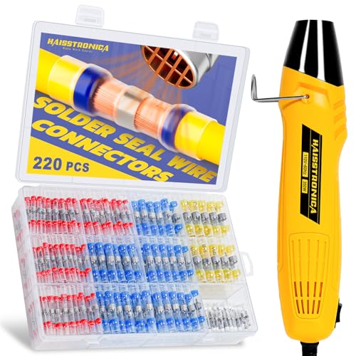 haisstronica 220PCS Solder Seal Connector Kit, 350W Heat Gun, AWG 26-10 | Clear Sleeves, 2 Heat Settings, Focused Nozzle, 4 Color-Coded Sizes, Mini Heat Gun, Tight-Space Repairs - size: 220PCS