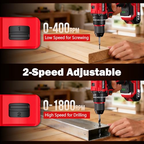 Sundpey 620In-lbs Brushless Cordless Drill Set, Electric Power Drill Set - color: Red