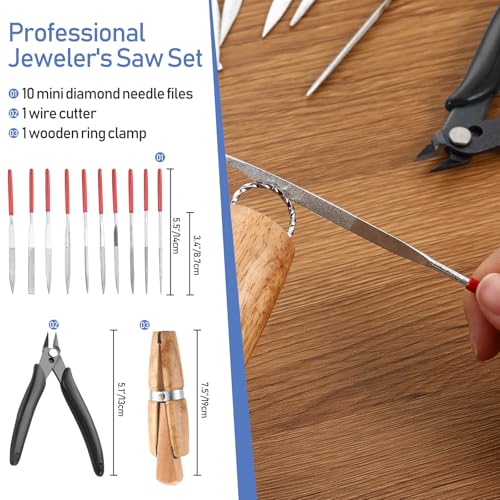 Jewelers Tools Set Including Jeweler Saw Frame Bench Pin Clamp Diamond Needle File Wooden Ring Clamp and Ring Sizer Mandrel Measuring Tool Jeweler's Mallet Hammer Stick for Jewelry Making