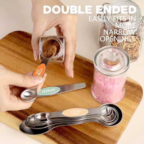 ChefAide Set of 8 Magnetic Measuring Spoons, Stainless Steel, Dual Sided - color: Multicolor-3, size: Magnetic Measuring Spoons