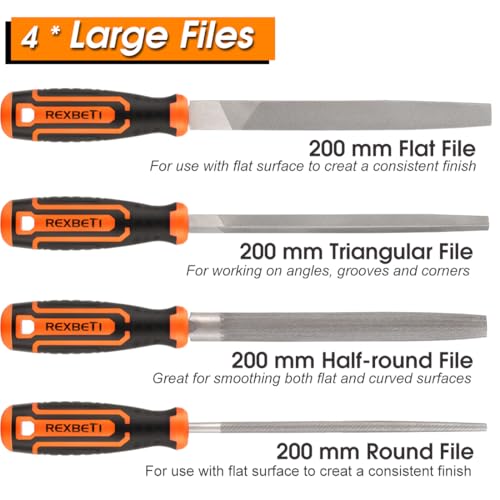 REXBETI 25Pcs Metal File Set, Tool Sharpening, Woodworking, Finishing File | 4 Large Flat/Triangle/Half-Round/Round File, 12 Needle Files, Working with Wood, Metal, Glass, Tile, Leather, Plastic, T12 - style: 25PCS