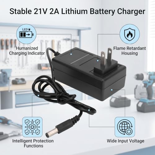 21V 2A Lithium Battery Charger, AC Battery Charger Adapter Supports Preventing Overvoltage with US Plug 100‑240V