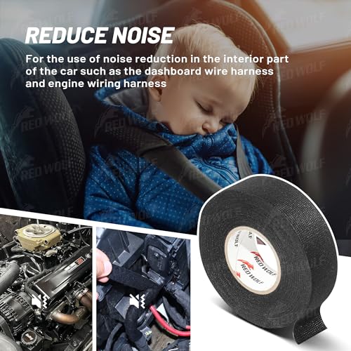 RED WOLF Wire Electrical Tape, 1 Inch x 50 Feet 2-Roll, Felt Cloth Electric Tape Noise Dampening High Temp Wiring Loom Harness, Self-Adhesive Fabric Tape for Automotive Engines Wrap Protection