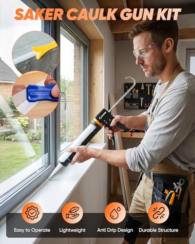 Saker Caulk Gun Kit, Manual Caulking Gun with 11-in-1 Caulking Tool Set, Silicone Sealant Finishing Tools, Grout Scrapers & Shapers with Masking Tape for Bathroom, Kitchen, Window & Home Repair