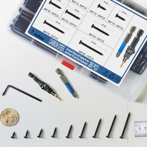 280PCS Flat Head Phillips Wood Screws Assortment Kit, Carbon Steel Self-Tapping Screw with Adjustable Wood Countersink (CSQ235 M4) - size: CSQ235 M4