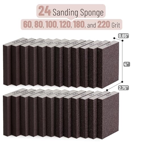 Bates- Sanding Sponge, 24 pcs, 60/80/100/120/180/220 Grit Assortment, Washable and Reusable Sanding Block for Wood, Metal, Drywall, Glazing, Sandpaper Blocks for Smooth Finishing - size: 24 Pack, 60/80/100/120/180/220 Grit