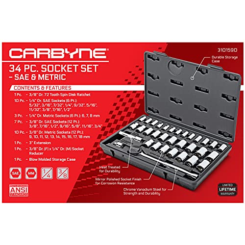 Carbyne 34-Piece 1/4 & 3/8 in. Drive Socket & Ratchet Set, SAE & Metric