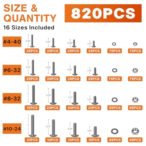 820PCS #4-40#6-32#8-32#10-24 Phillips Pan Head Screw Kit - size: #4#6#8#10