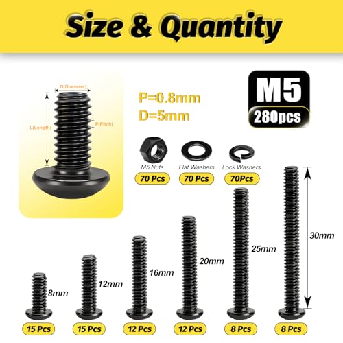 KADRICK 280PCS M5 Screw Kit,Hex Socket Button Head Screws Length 8MM-30MM - size: M5 280Pcs 8-30mm
