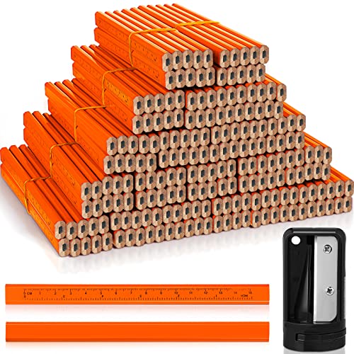 Honoson 200 Pcs Flat Construction Pencils with Printed Ruler Wood Graphite 2 Pcs Carpenter Pencil Sharpener for Woodworking Marking Tool(Orange) - color: Orange