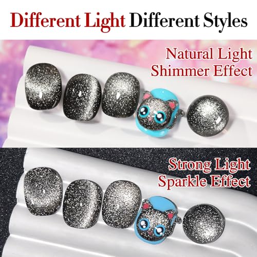 Double Rhythm Jelly Glass Cat Eye Gel Polish with Magnet 15ML Holographic Glitter Shimmer Translucent Sheer Color Magnetic Nail Polish Salon DIY at Home (Black Glitter-MC1061) - color: Black Glitter