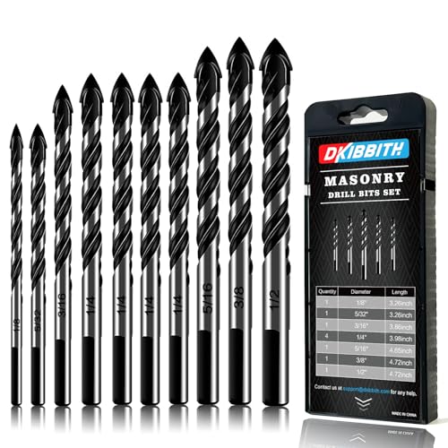 10-Piece Masonry Drill Bit Set for Concrete Tile Glass Ceramic Brick,1/8 to 1/2 Inch Drilling Bits with Triangle Handle,Tungsten Steel Alloy Tip.（Black） - size: 10 Piece 1/8"-1/2" Drill Bit Set