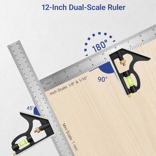 12 Inch Combination Square, Adjustable Carpenter Square with Stainless Steel Ruler and Aluminum Head, Metric and Inch Scale, Bubble Level and Scriber, 90 and 45 Degree Combo Layout Tool - size: 12-Inch
