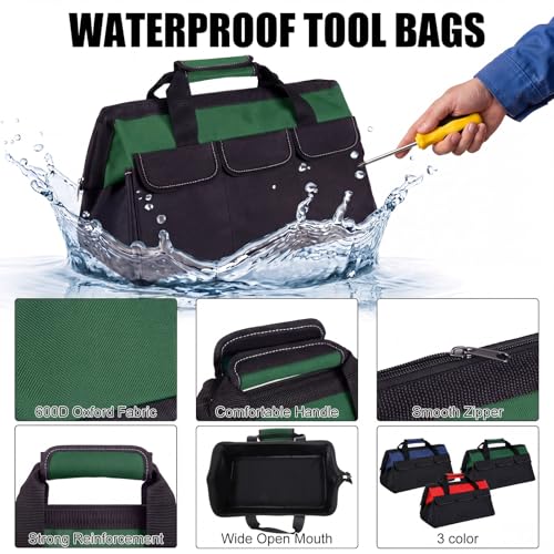 Sanwuta 3 Pack 16 Inch Tool Bags, Side Pockets, Red, Army Green, Blue - color: Red, Army Green, Blue, size: 16 Inch, style: Side Pockets