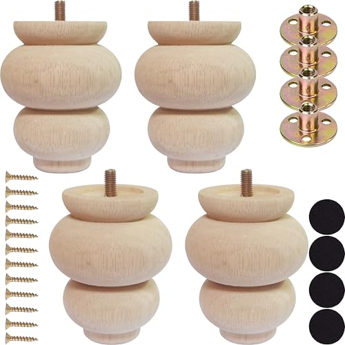 4 Inch Wooden Furniture Legs, Solid Wood Unpainted Replacement Furniture Legs, Ottoman/Loveseat Replacement Legs, Cabinet Legs/Desk/Sofa/Bookcase Round Bun Feet Set of 4 (4 Inch A) - size: 4 Inch A