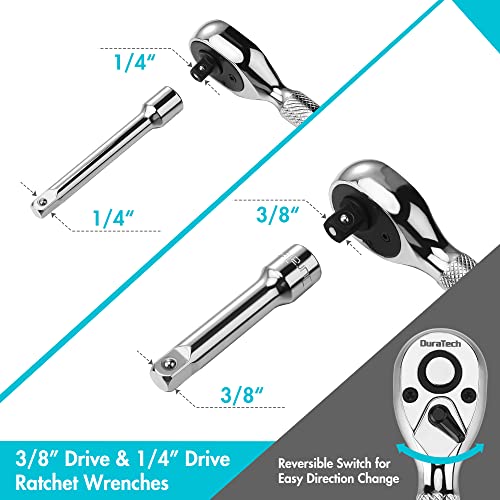 DURATECH Stubby Ratchet Set, 1/4-Inch and 3/8-Inch Ratchets, 4-piece - style: 1/4" & 3/8" Single Head Ratchets + Extension Bars