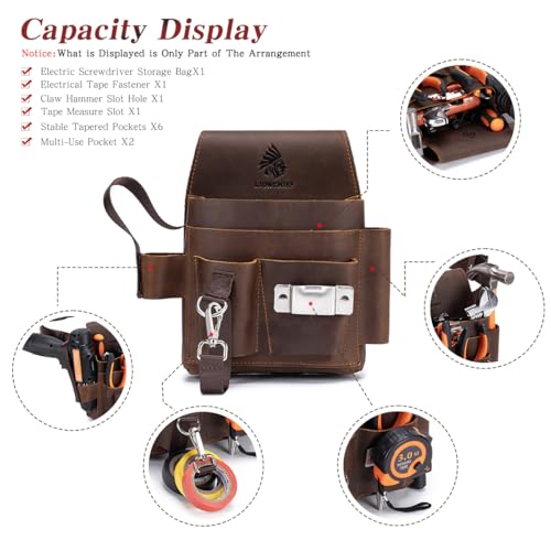 Genuine Leather Electrician Tool Pouch and Belt, Adjustable Leather Tool Belt with Multi-Pockets for Electricians, Brown - size: Large