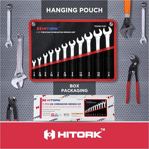 Hitork 11 Piece Combination Wrench Set with Roll Pouch, SAE Sizes (1/4" - 7/8"), Drop Forged Cr-V Steel, Chrome Plated Mirror Finish, 12 Point Box End, 15° Offset, Exceeds ANSI Standards
