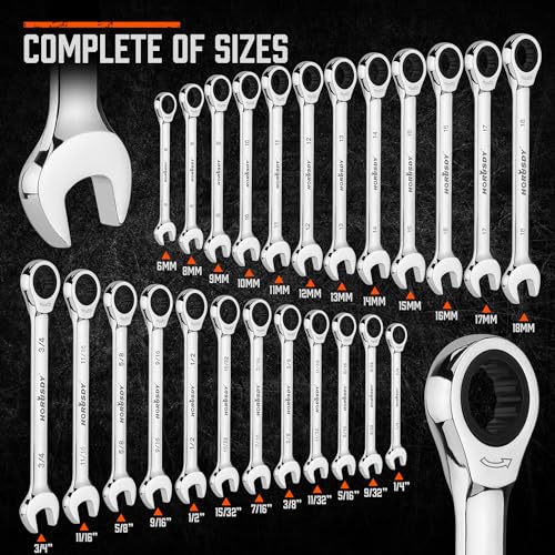 HORUSDY 24-Piece Ratcheting Wrench Set | Metric and SAE | Ratchet Combination Wrenches Set with Organizer | 72-Tooth | Chrome Vanadium Steel | 6-18 mm & 1/4” to 3/4“ (24-Piece) - style: 24-Piece